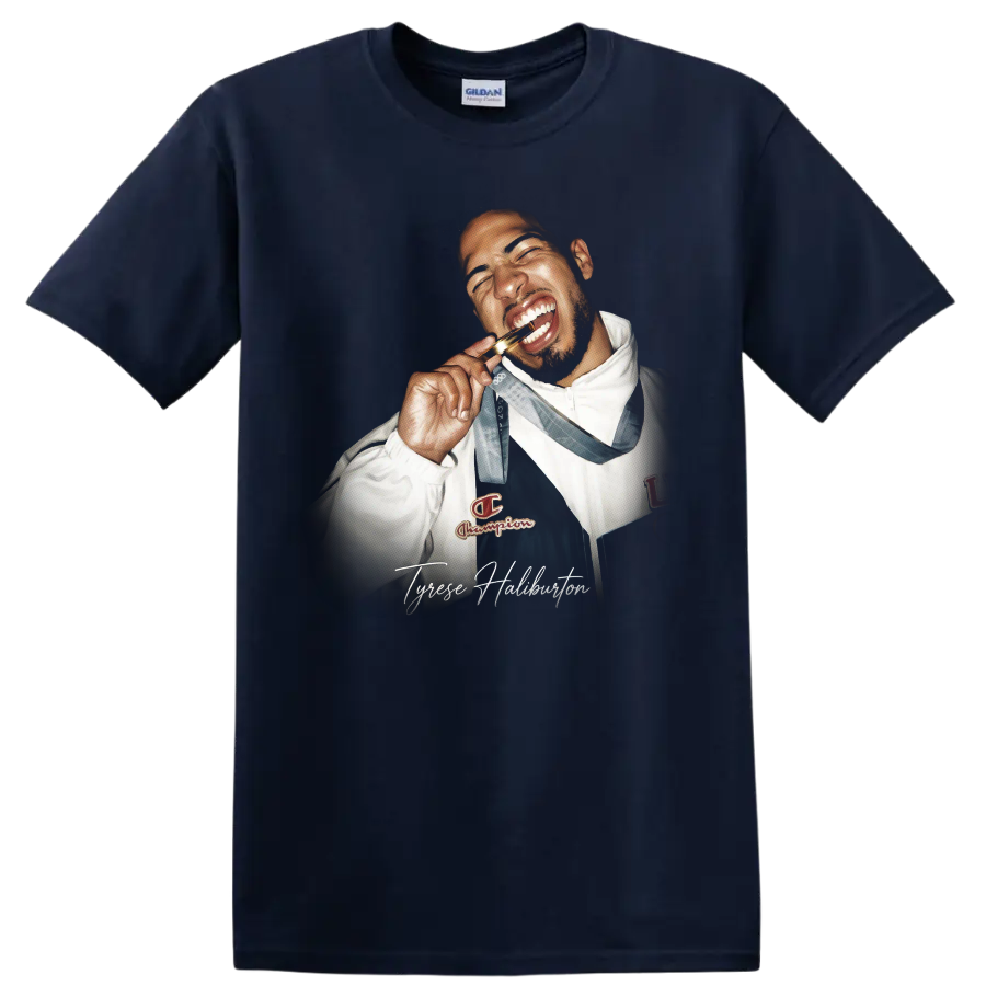 Michael Jordan Chicago Bulls basketball portrait with script-style name lettering on a Navy (Blue) T Shirt