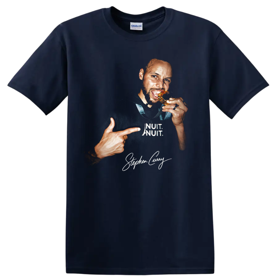 Stephen Curry basketball portrait with white lettering and signature-style graphic on a Navy (Blue) T Shirt