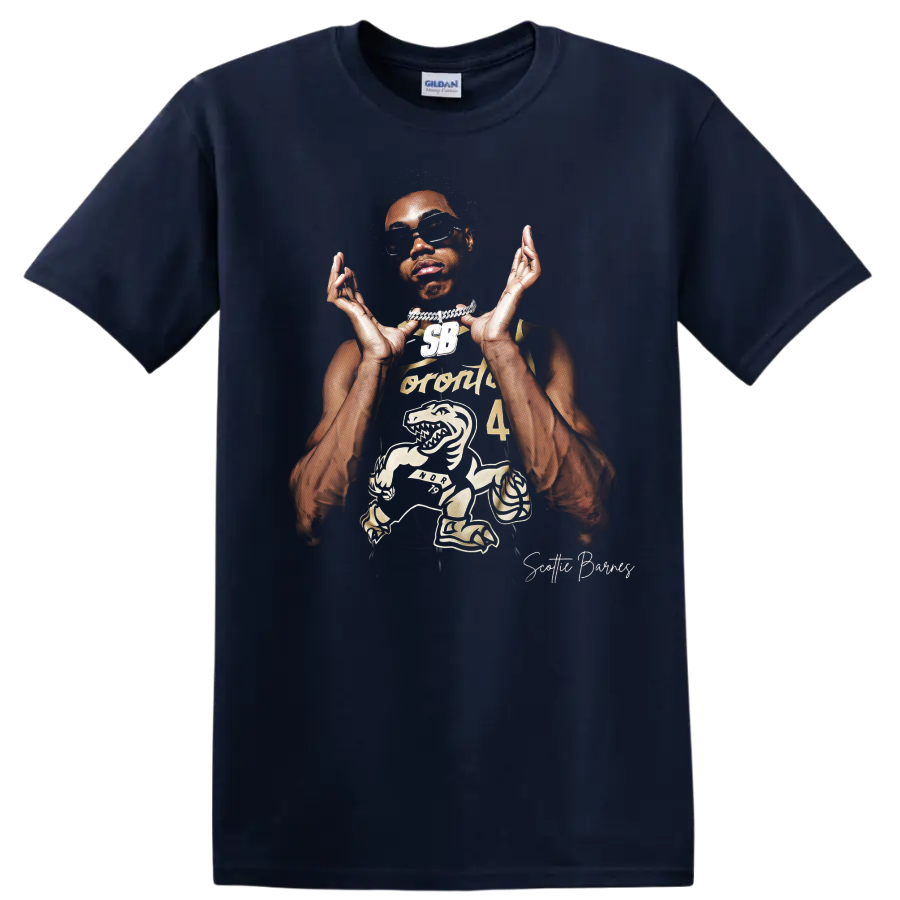 Scottie Barnes Raptors basketball portrait with sunglasses and dinosaur graphic on a Navy (Blue) T Shirt
