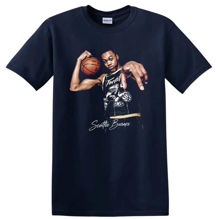Scottie Barnes Raptors basketball player portrait with ball and signature artwork on a Navy (Blue) T Shirt
