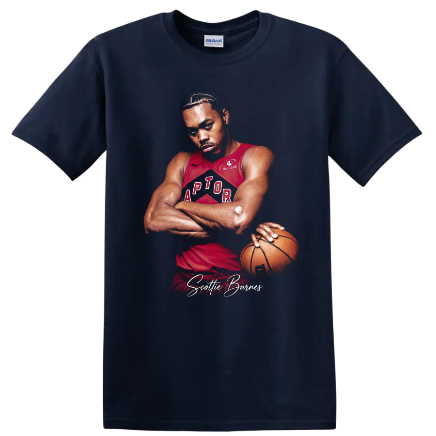 Scottie Barnes Toronto Raptors basketball player portrait with signature text on a Navy (Blue) T Shirt