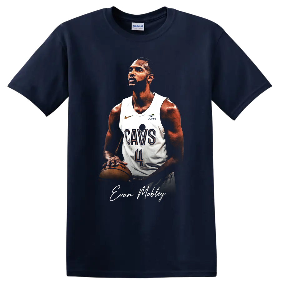 Evan Mobley Cavaliers basketball portrait with jersey, ball, and signature-style name on a Navy (Blue) T Shirt