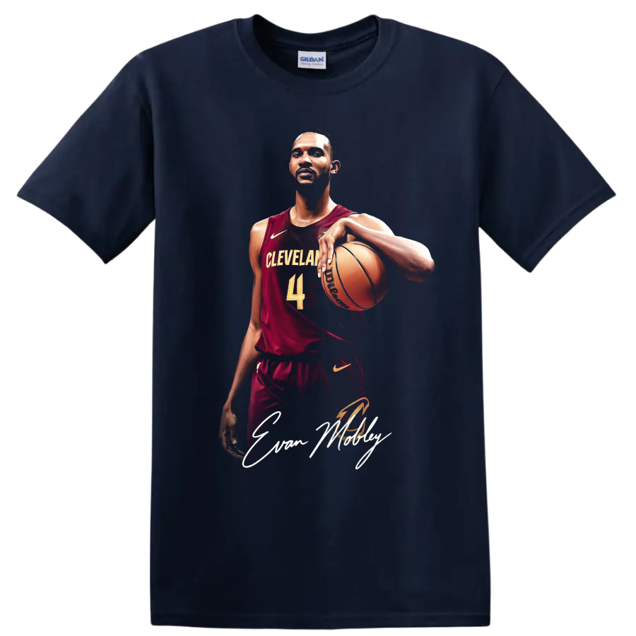 Evan Mobley Cleveland Cavaliers basketball portrait with number 4 and signature script on a Navy (Blue) T Shirt