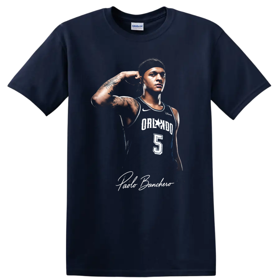 Paolo Banchero Orlando Magic player portrait with number 5 jersey and signature on a Navy (Blue) T Shirt
