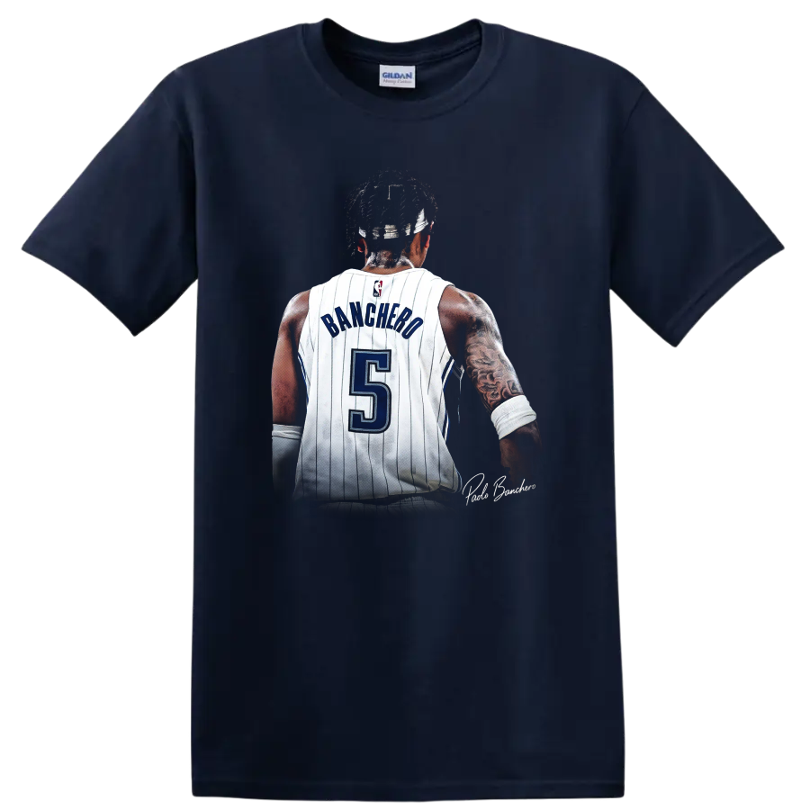 Paolo Banchero rear jersey portrait in white pinstripes with blue number 5 on a Navy (Blue) T Shirt