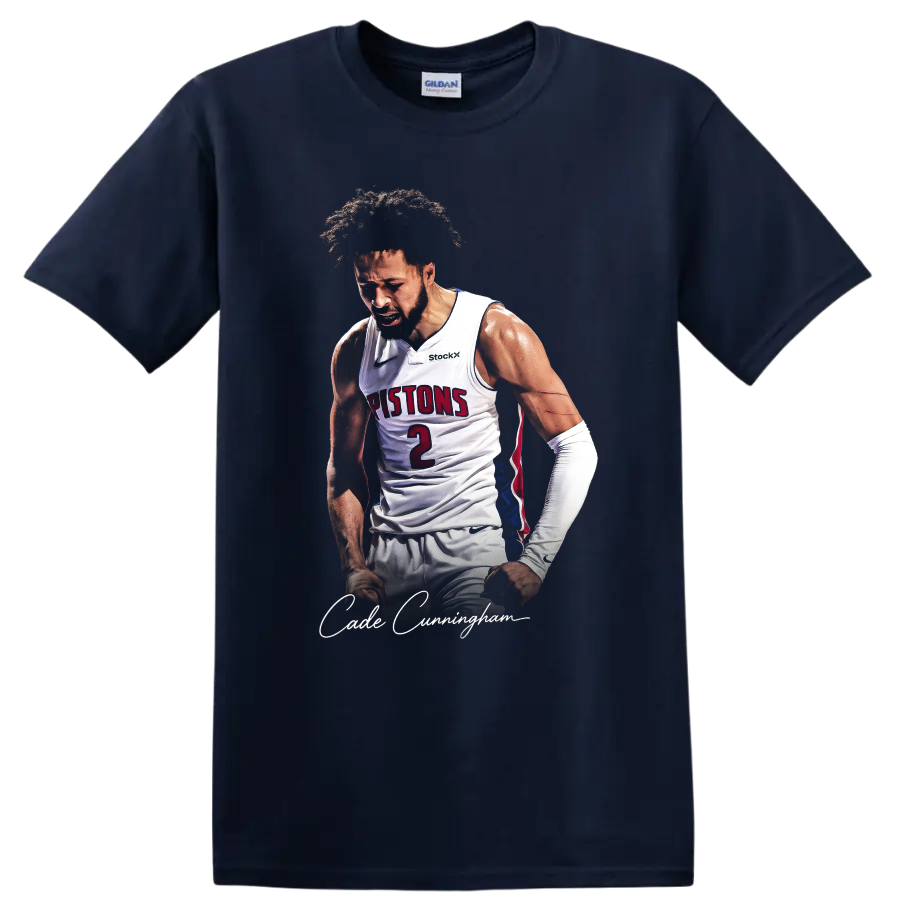 Cade Cunningham Detroit Pistons basketball portrait with number 2 and signature text on a Navy (Blue) T Shirt