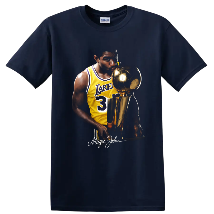 Magic Johnson in Los Angeles Lakers No. 32 jersey holding championship trophy portrait on a Navy (Blue) T Shirt