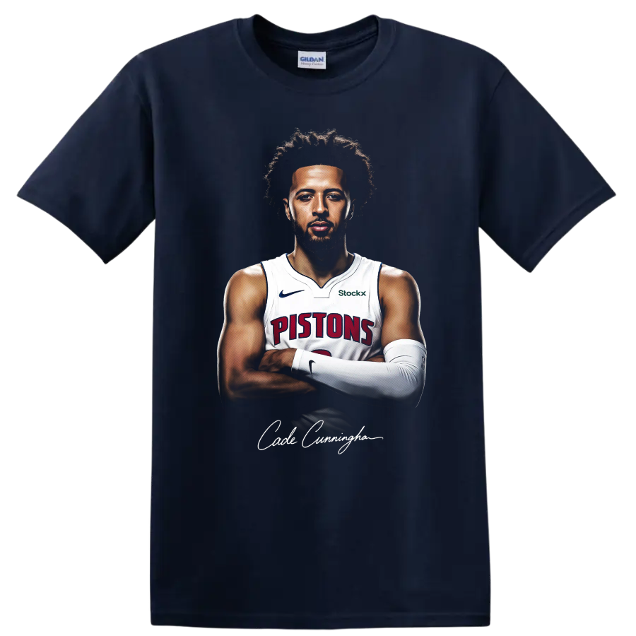 Cade Cunningham Detroit Pistons crossed-arm basketball portrait with signature on a Navy (Blue) T Shirt