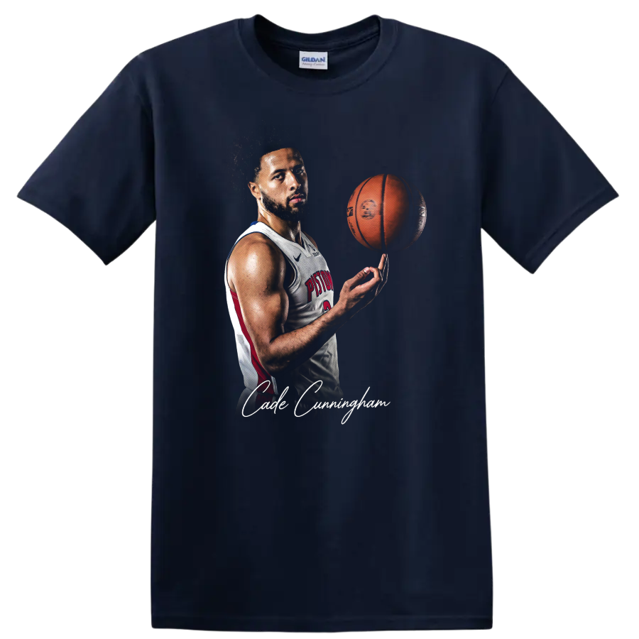 Cade Cunningham Detroit Pistons portrait with spinning basketball and signature script on a Navy (Blue) T Shirt