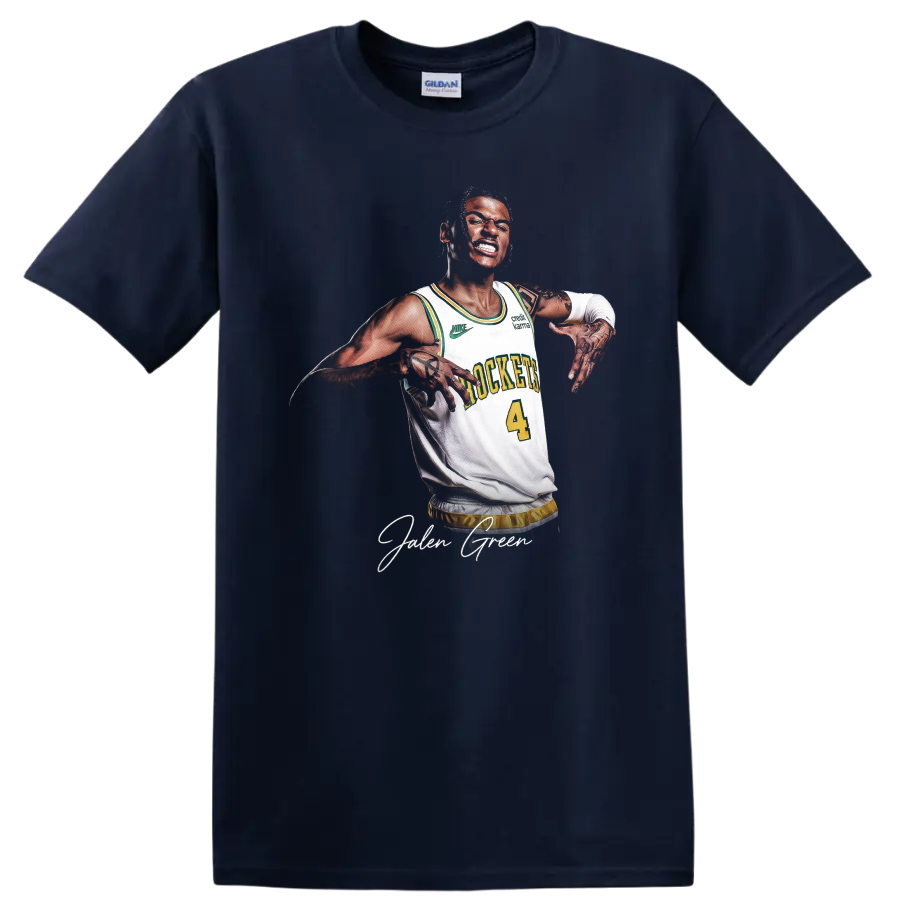 Jalen Green basketball portrait in a number 4 jersey with signature-style name text on a Navy (Blue) T Shirt