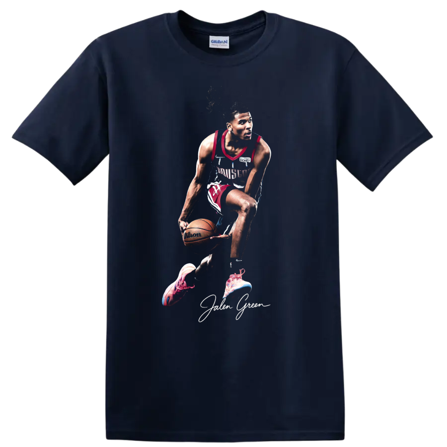 Jalen Green Houston Rockets dribbling basketball action graphic with signature text on a Navy (Blue) T Shirt