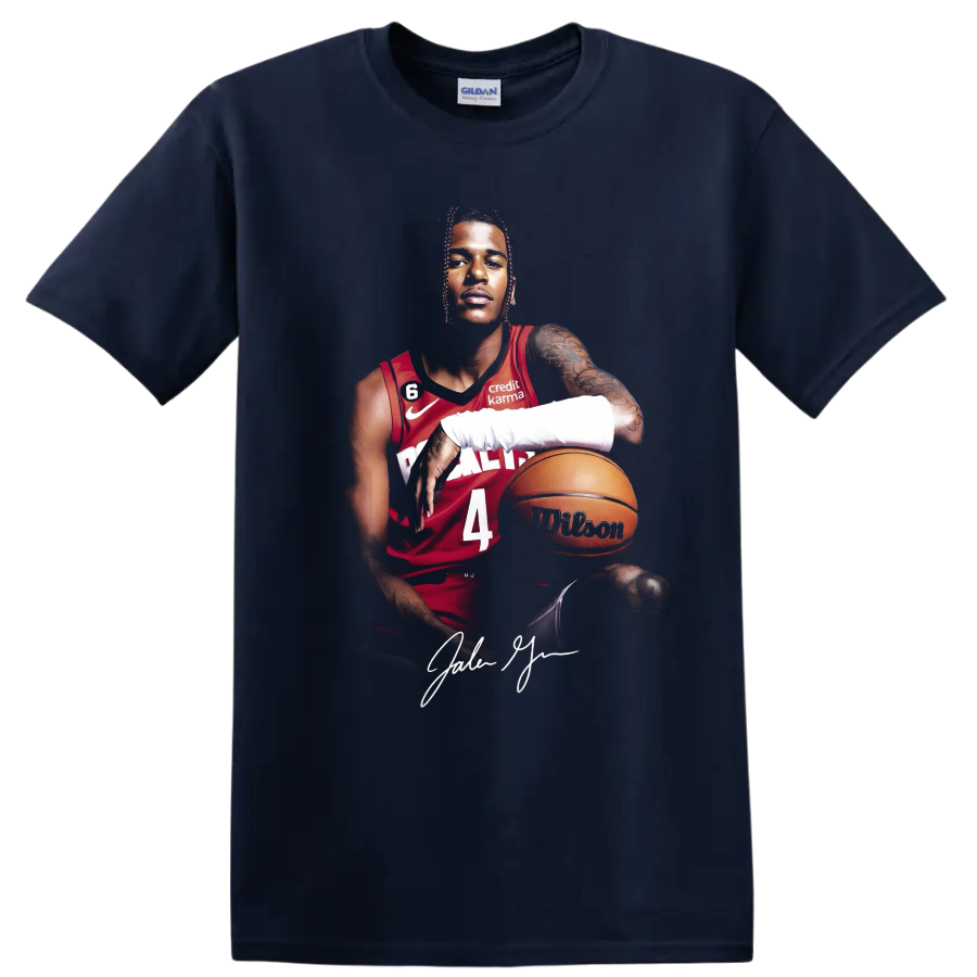 Jalen Green Houston Rockets basketball portrait with red number 4 jersey and ball on a Navy (Blue) T Shirt