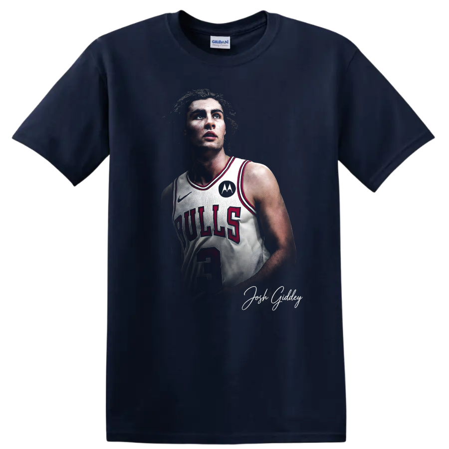 Josh Giddey Chicago Bulls number 3 basketball portrait with signature-style script on a Navy (Blue) T Shirt