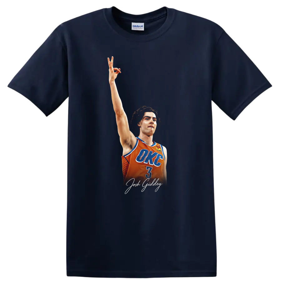 Josh Giddey in orange OKC number 3 jersey with raised arm and signature-style text on a Navy (Blue) T Shirt