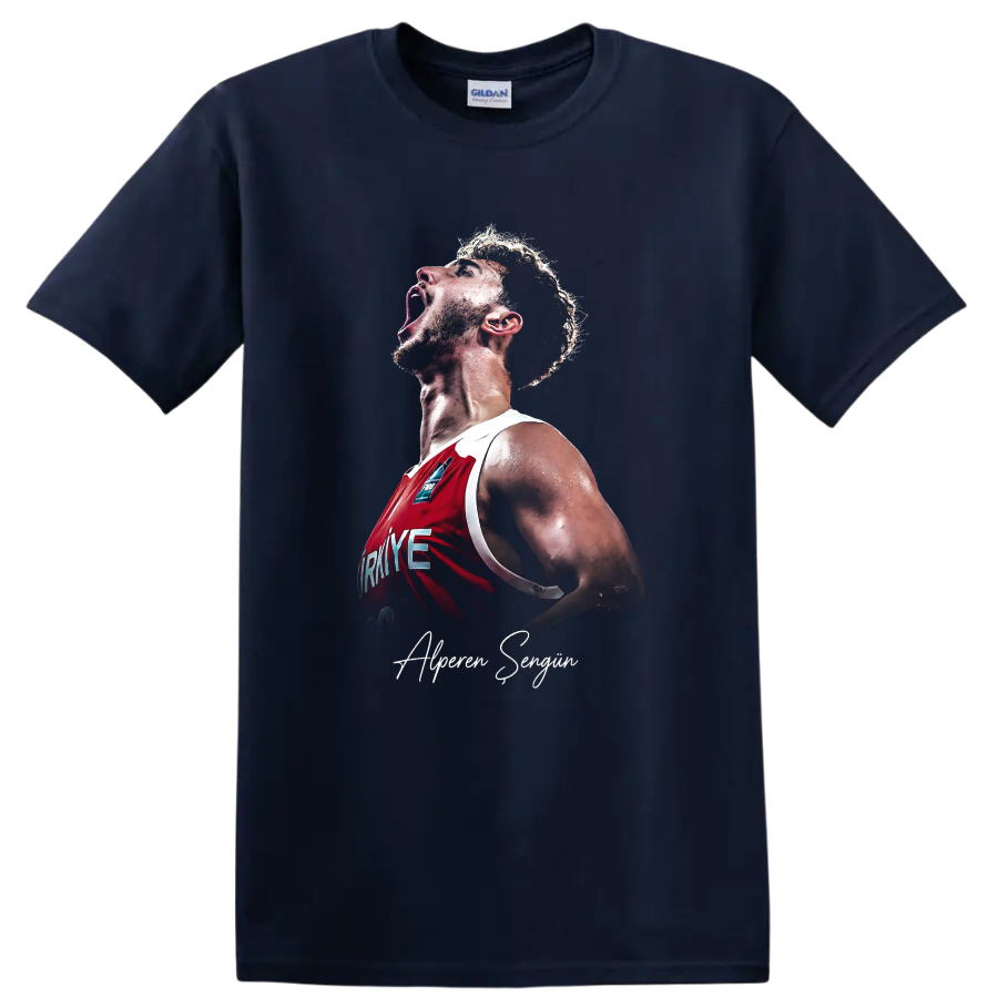Alperen Şengün shouting in a red Turkey basketball jersey with signature script on a Navy (Blue) T Shirt