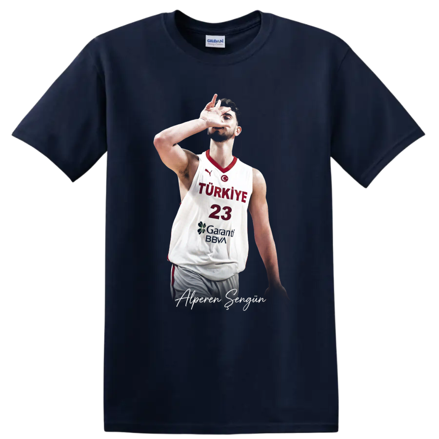 Alperen Şengün Turkey basketball action portrait with number 23 and signature text on a Navy (Blue) T Shirt
