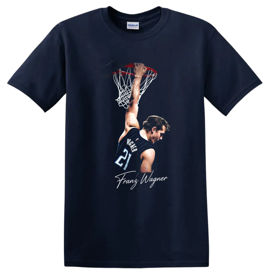 Franz Wagner Orlando Magic dunk graphic with hoop, net, jersey number 21, and signature on a Navy (Blue) T Shirt