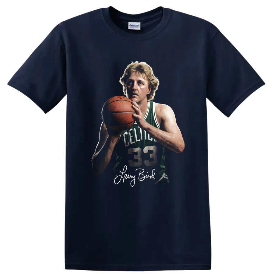 Larry Bird Boston Celtics number 33 basketball portrait with signature on a Navy (Blue) T Shirt