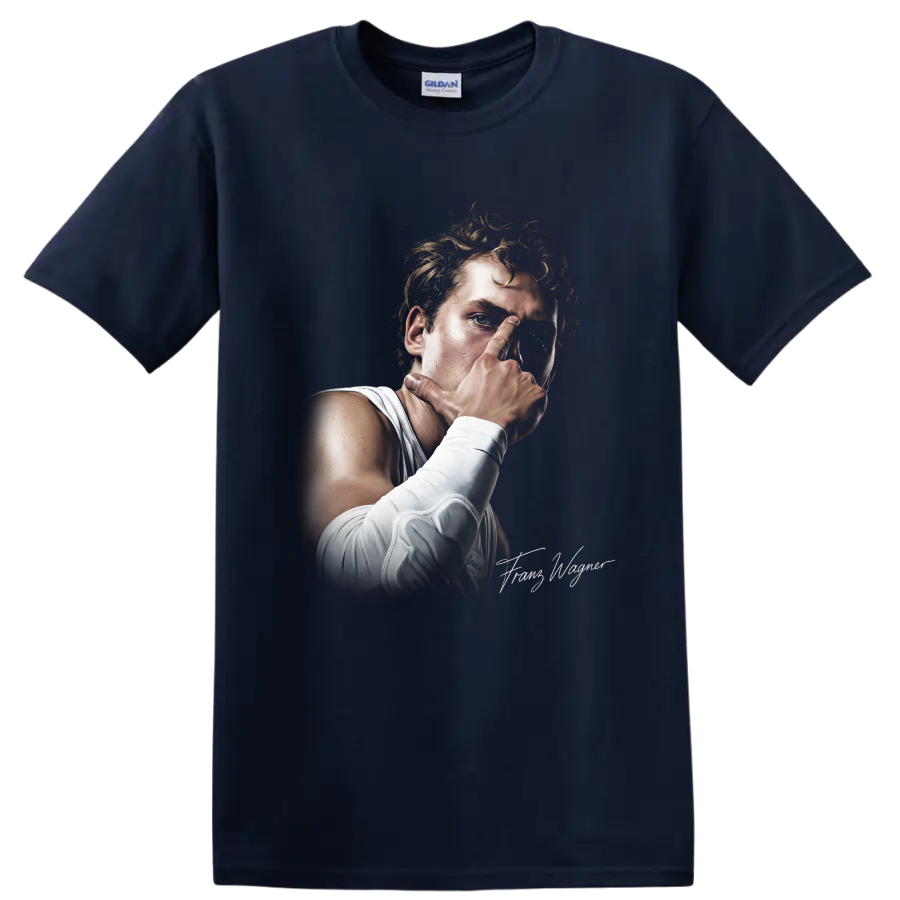 Realistic Reggie Miller Indiana Pacers basketball portrait with white jersey and wrist on a Navy (Blue) T Shirt