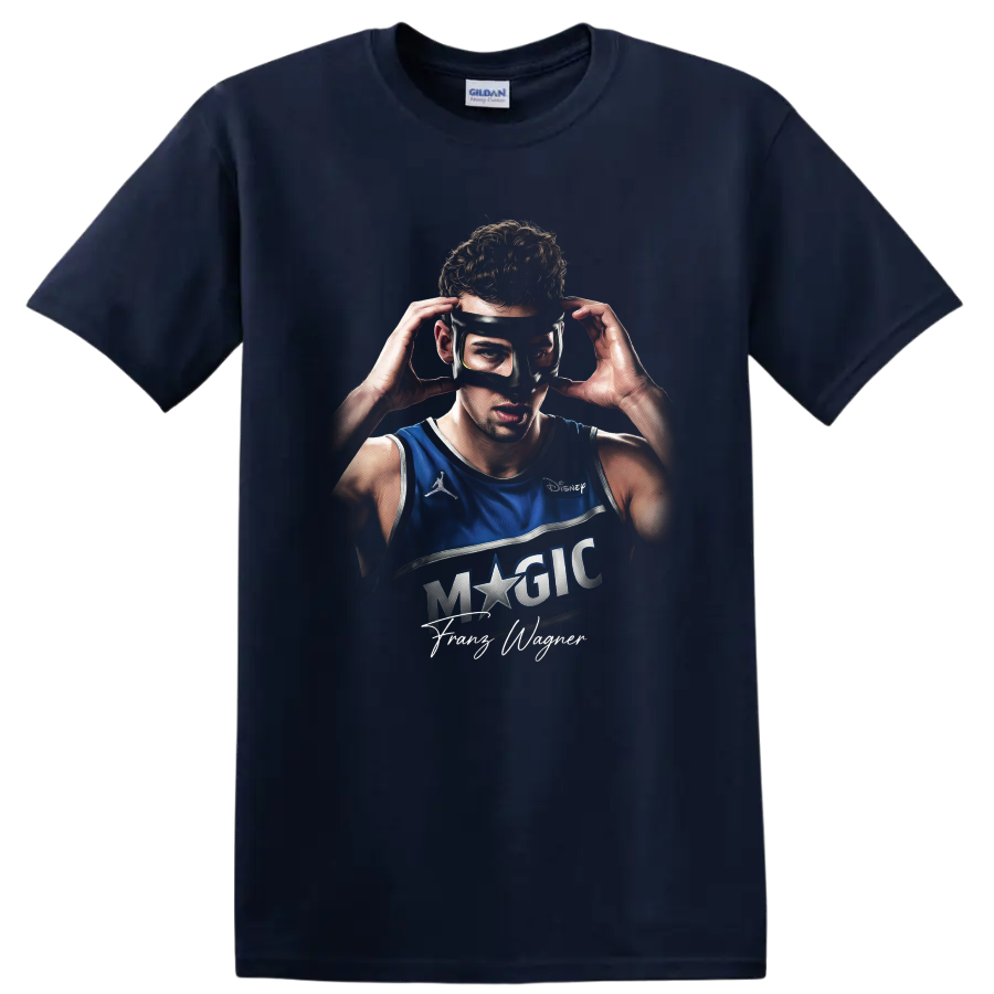 Franz Wagner Orlando Magic masked basketball portrait with signature on a Navy (Blue) T Shirt