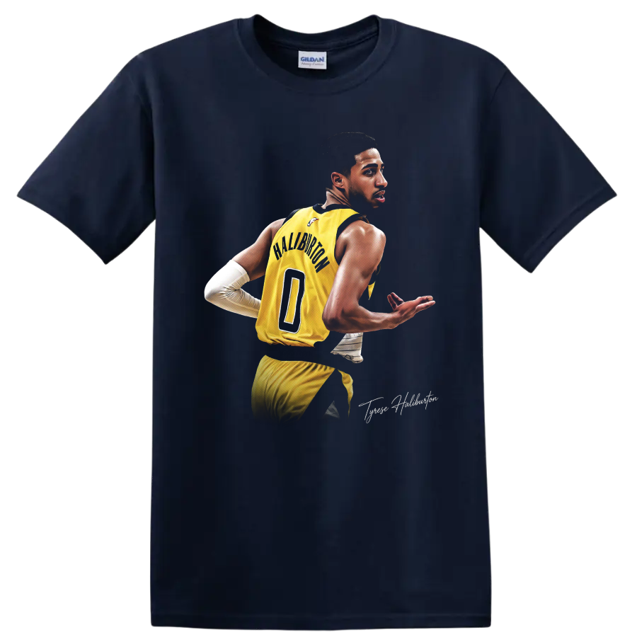 Tyrese Haliburton in yellow Indiana Pacers number 0 uniform, dynamic basketball portrait on a Navy (Blue) T Shirt