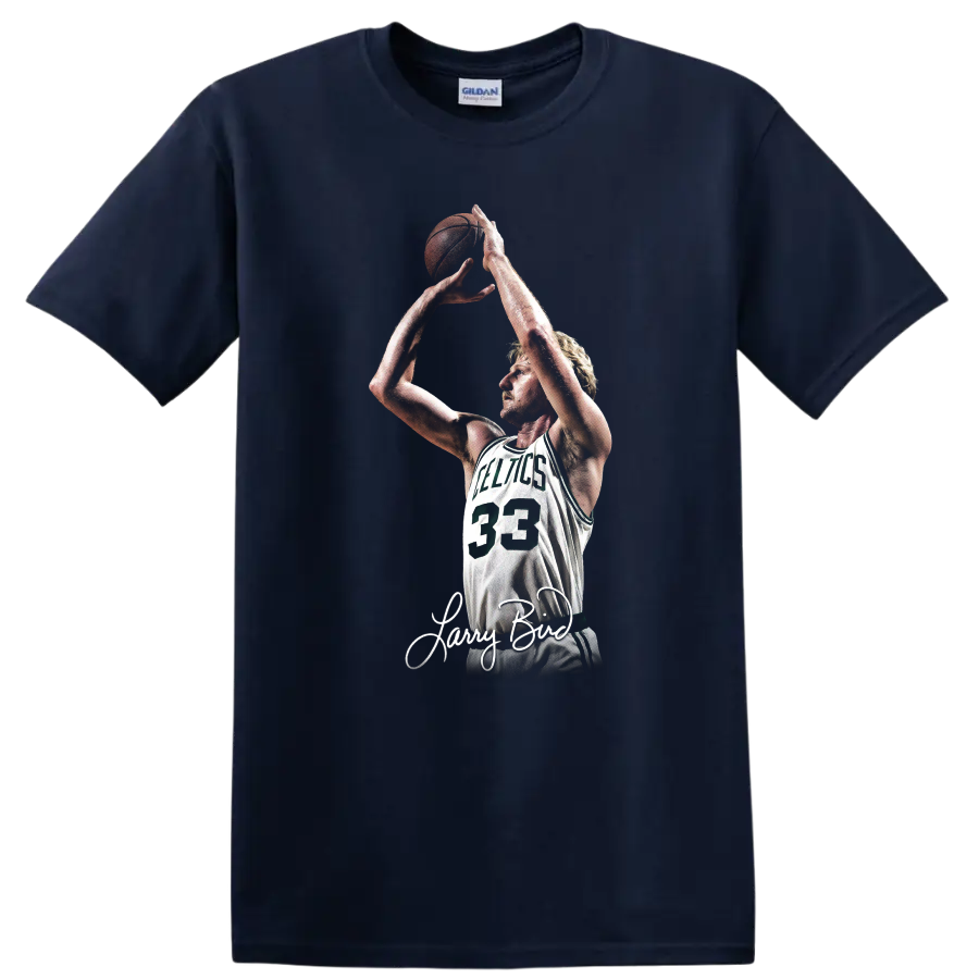 Larry Bird Celtics number 33 shooting pose graphic with signature-style script on a Navy (Blue) T Shirt