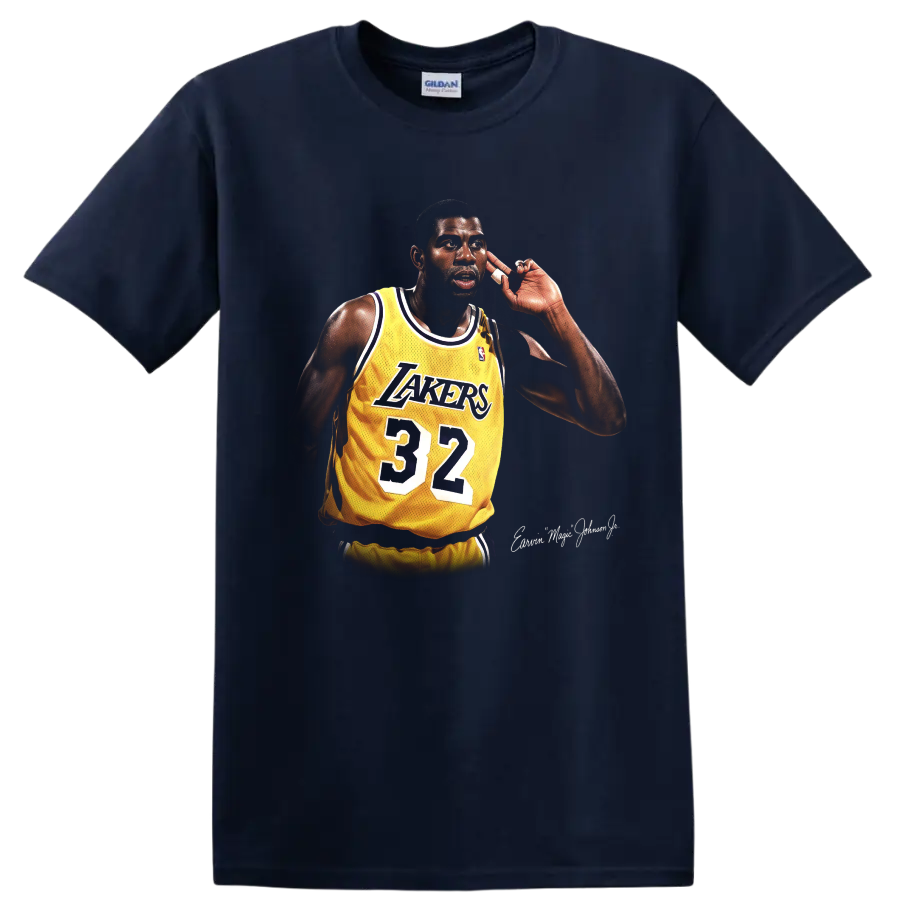Magic Johnson in a Lakers number 32 jersey, detailed retro basketball portrait on a Navy (Blue) T Shirt