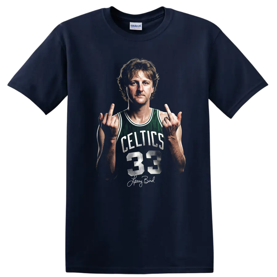 Larry Bird Boston Celtics number 33 portrait graphic with signature-style text on a Navy (Blue) T Shirt