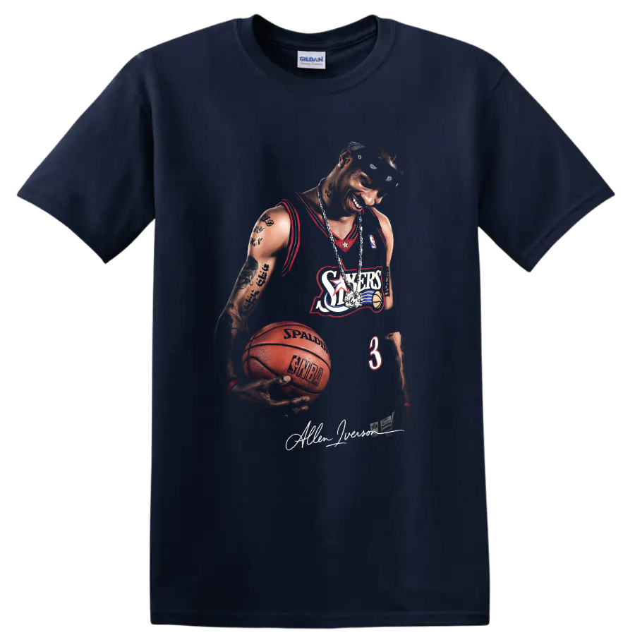 Allen Iverson Philadelphia 76ers number 3 basketball portrait with signature on a Navy (Blue) T Shirt