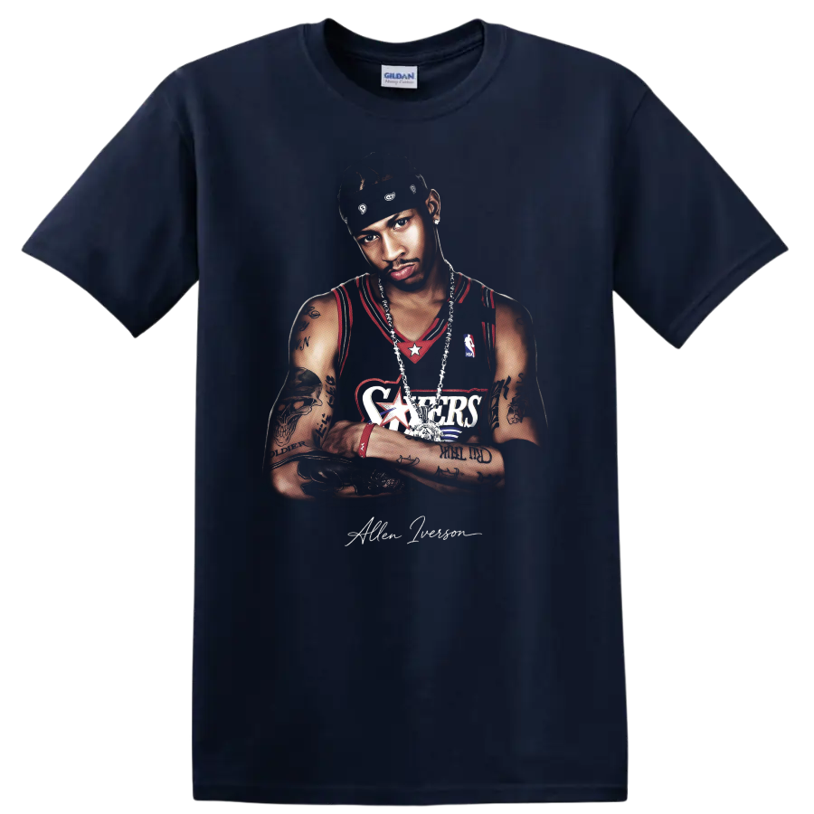 Allen Iverson Philadelphia 76ers basketball portrait with headband and jersey on a Navy (Blue) T Shirt