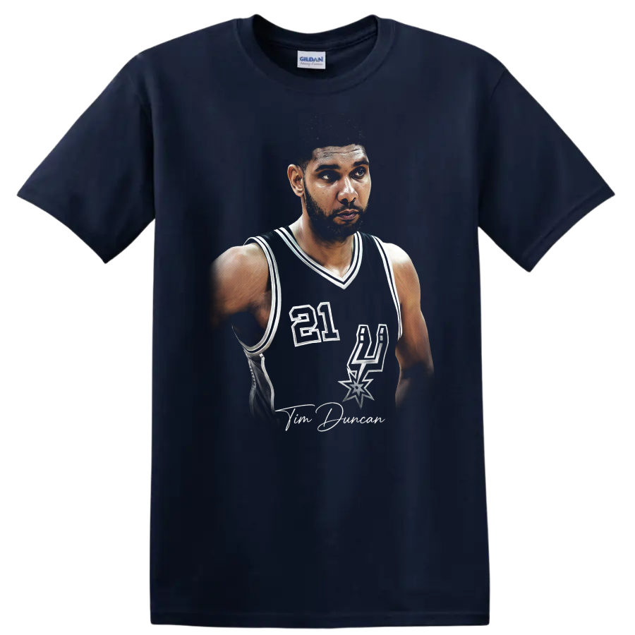 Tim Duncan San Antonio Spurs number 21 retro-style basketball portrait on a Navy (Blue) T Shirt