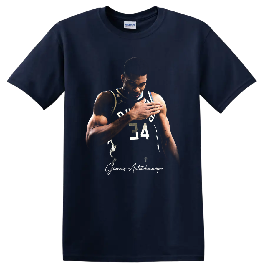 Giannis Antetokounmpo Milwaukee Bucks number 34 basketball portrait with signature on a Navy (Blue) T Shirt