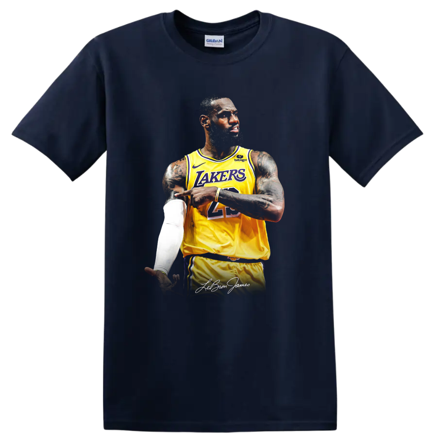 LeBron James in Los Angeles Lakers number 23 jersey portrait with signature on a Navy (Blue) T Shirt