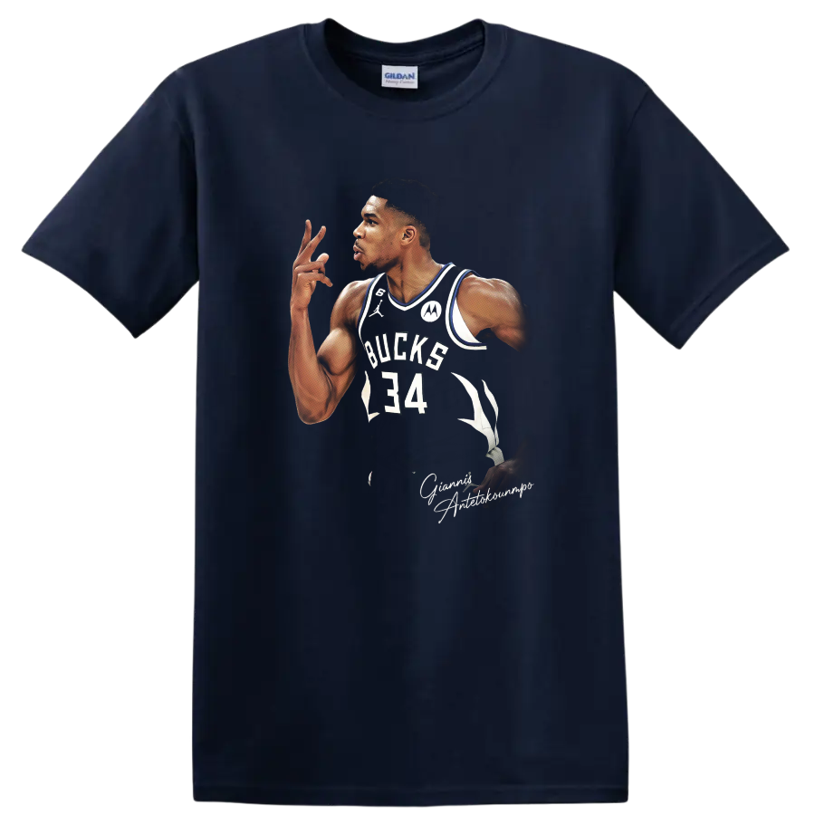 Giannis Antetokounmpo Milwaukee Bucks number 34 basketball portrait graphic on a Navy (Blue) T Shirt