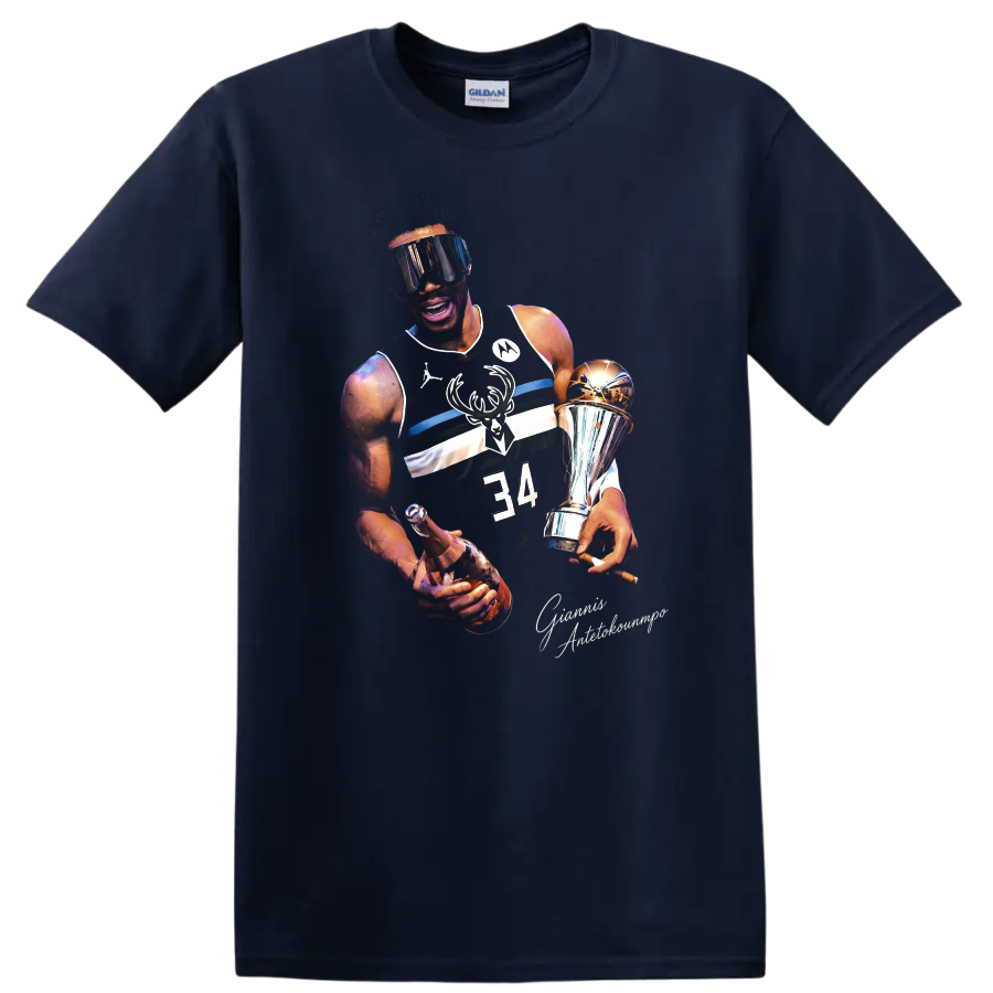 Giannis Antetokounmpo Bucks championship trophy portrait with number 34 jersey on a Navy (Blue) T Shirt