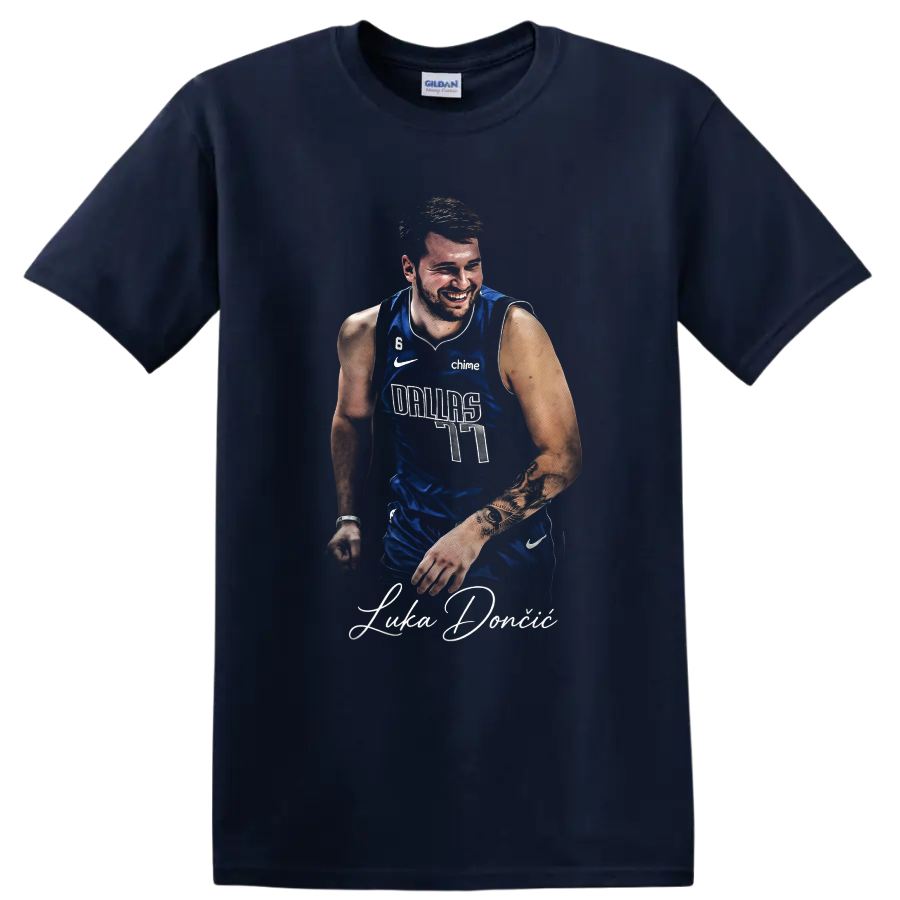 Luka Doncic Dallas Mavericks number 77 portrait with signature-style lettering on a Navy (Blue) T Shirt