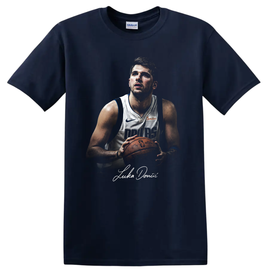 Kyrie Irving Dallas Mavericks basketball player portrait holding a ball on a Navy (Blue) T Shirt