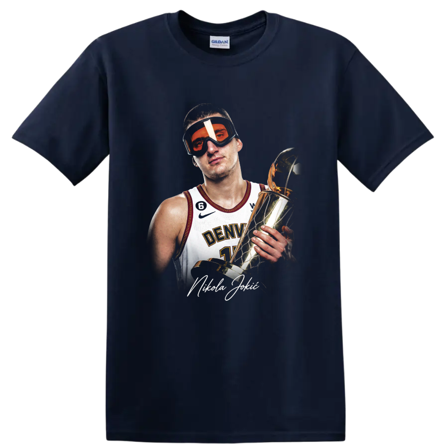 Nikola Jokić holding a gold trophy in orange goggles and Denver jersey portrait on a Navy (Blue) T Shirt