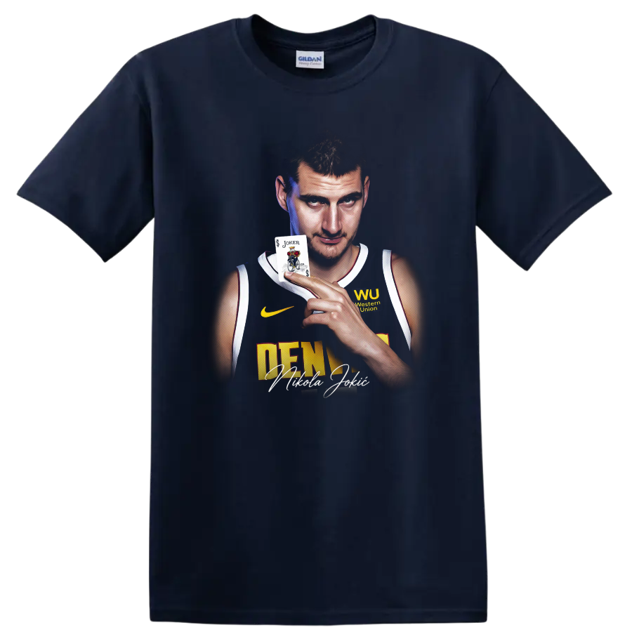 Nikola Jokić Denver Nuggets portrait holding a Joker card with signature-style text on a Navy (Blue) T Shirt