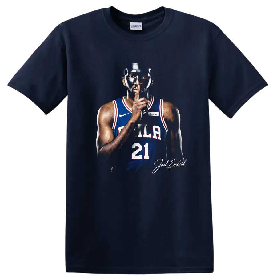 Joel Embiid masked Philadelphia 76ers number 21 basketball portrait with signature on a Navy (Blue) T Shirt