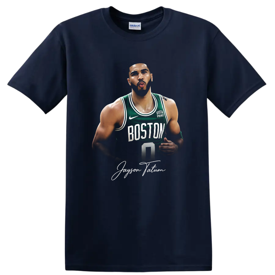 Jayson Tatum Boston Celtics number 0 basketball portrait with signature-style text on a Navy (Blue) T Shirt