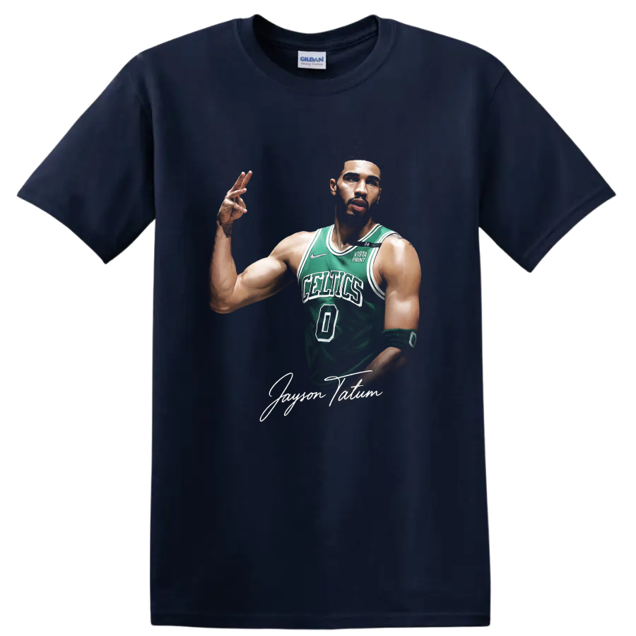 Jayson Tatum Boston Celtics number 0 basketball portrait with signature script on a Navy (Blue) T Shirt