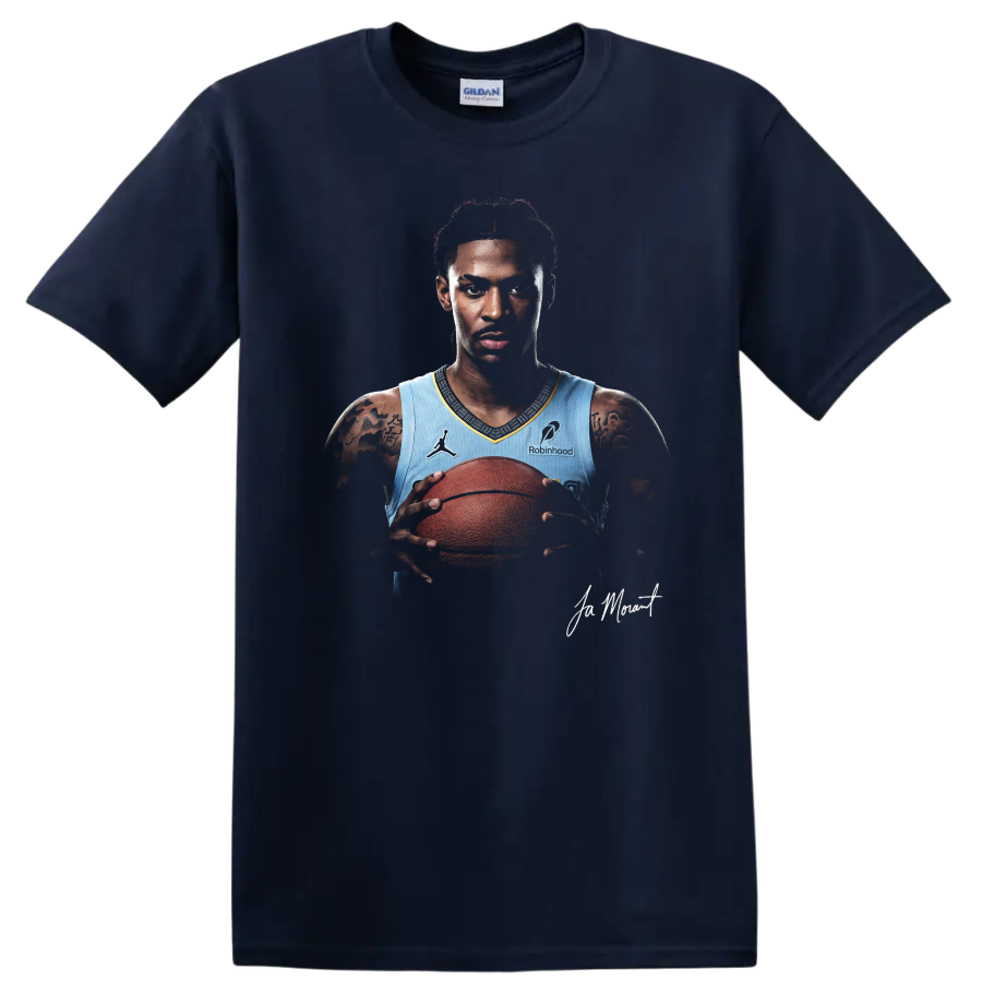 Ja Morant Memphis Grizzlies basketball portrait holding a ball with signature detail on a Navy (Blue) T Shirt