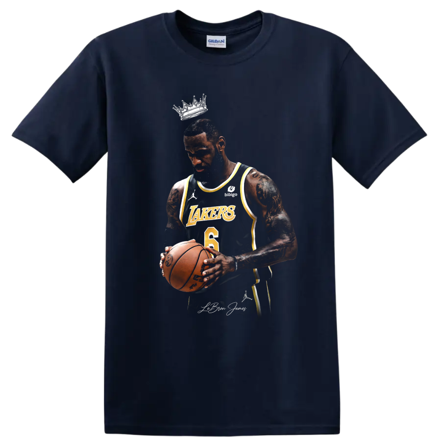 LeBron James Lakers-style basketball portrait with crown and number 6 jersey on a Navy (Blue) T Shirt
