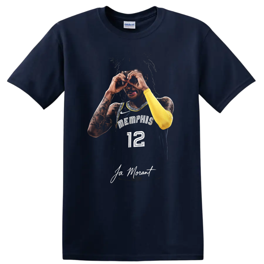 Ja Morant Memphis Grizzlies number 12 basketball portrait with binocular hand gesture on a Navy (Blue) T Shirt