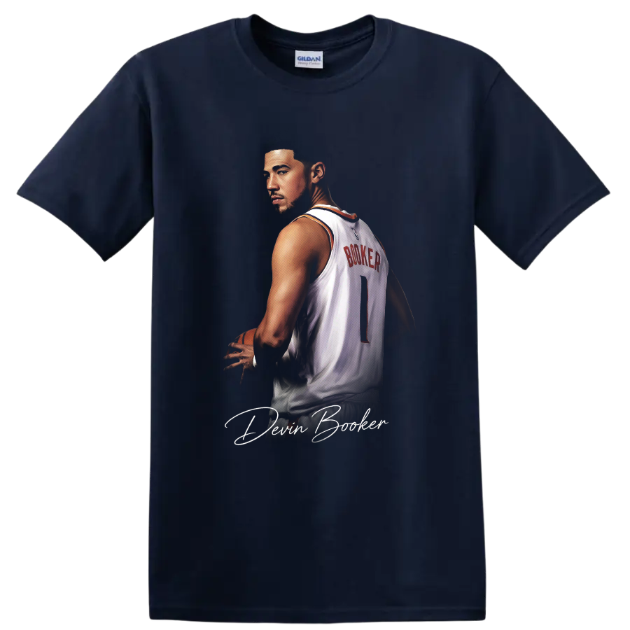 Devin Booker Phoenix Suns jersey portrait with basketball, number 1 and signature script on a Navy (Blue) T Shirt