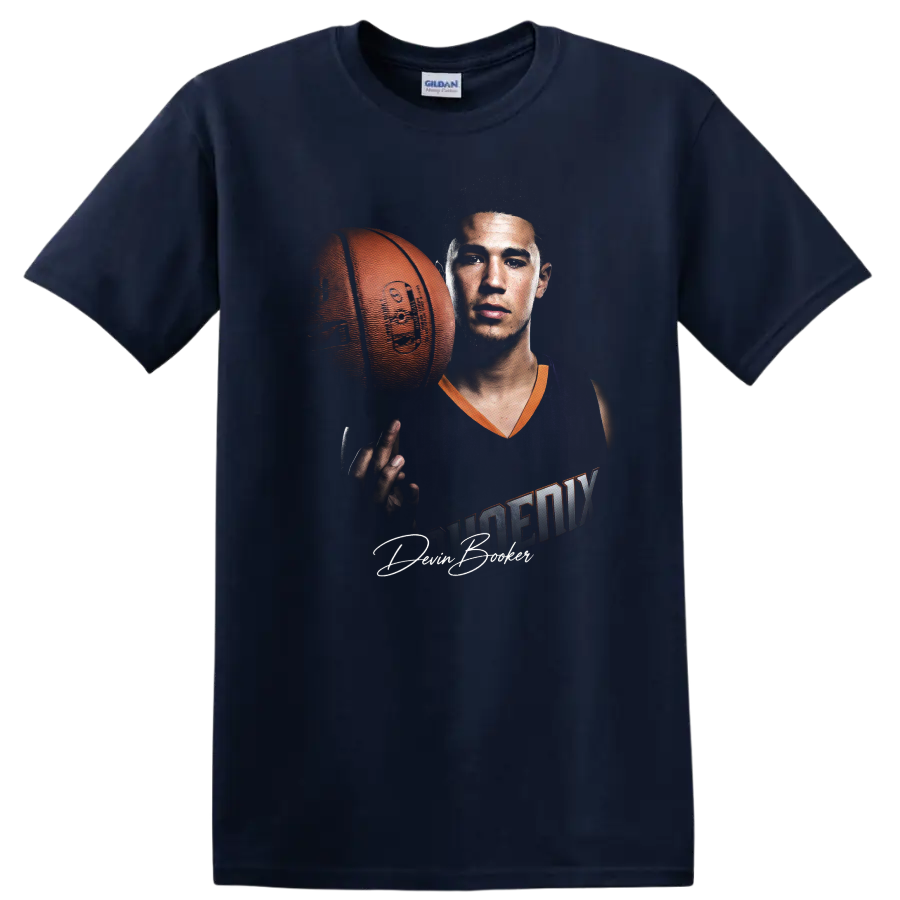 Kevin Durant Phoenix Suns basketball player portrait with ball and signature-style text on a Navy (Blue) T Shirt