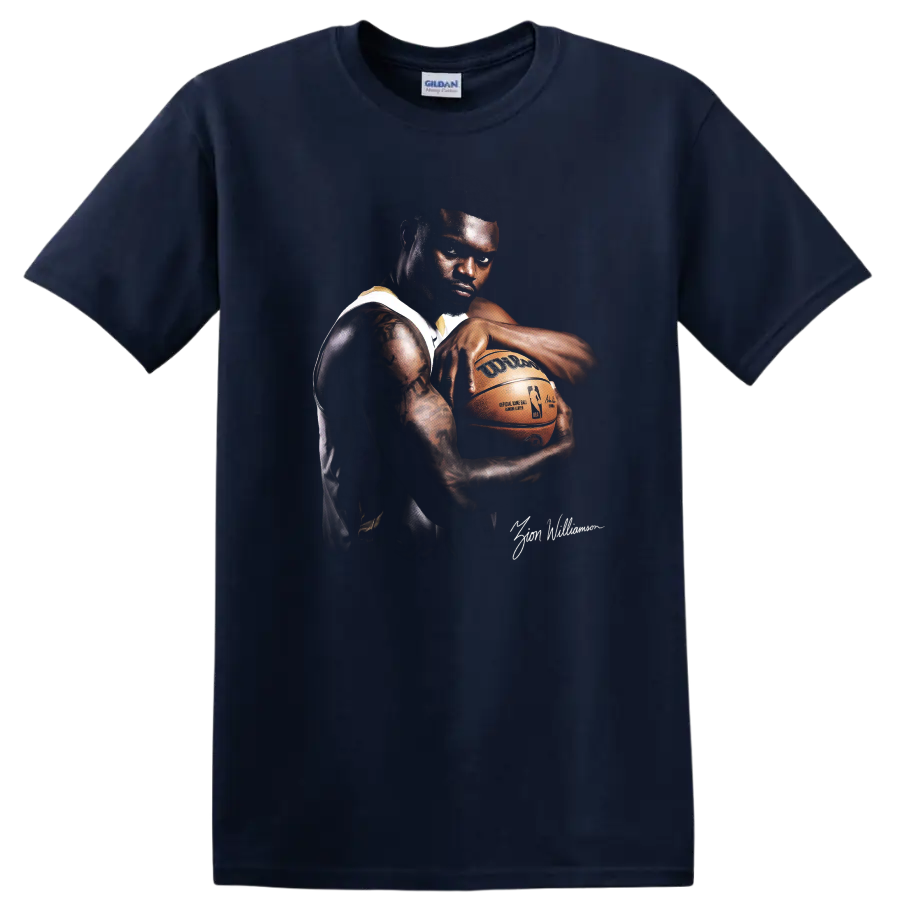 Zion Williamson basketball portrait holding a ball in dramatic high-contrast style on a Navy (Blue) T Shirt