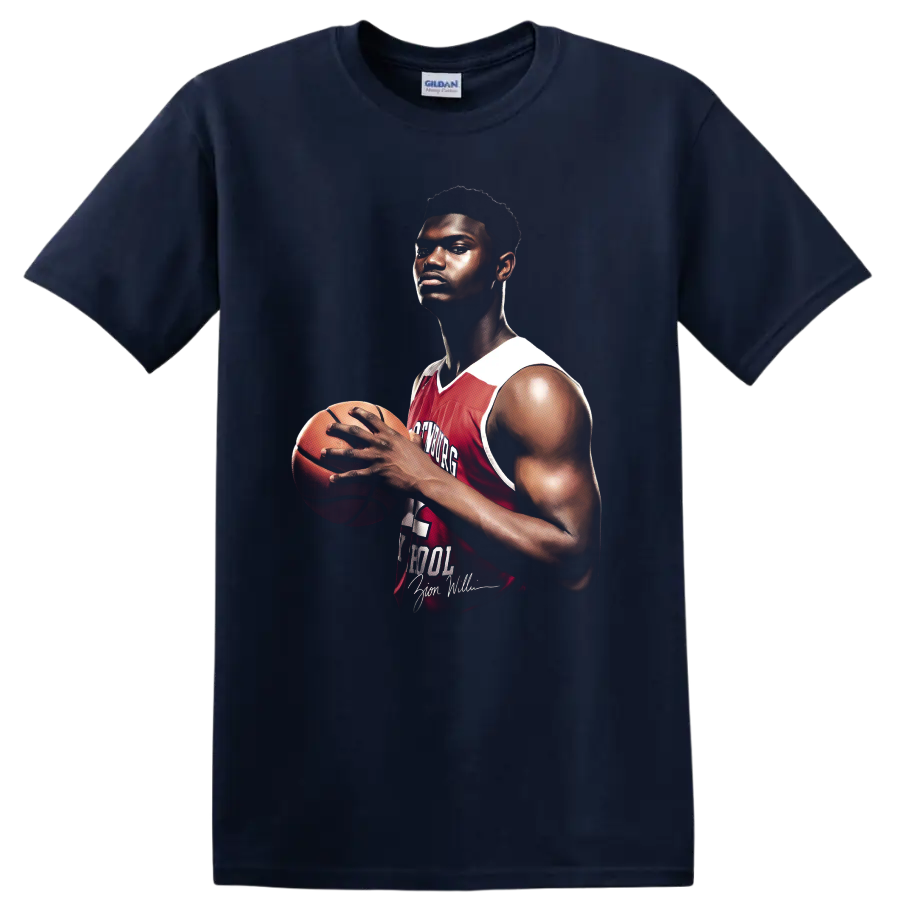 Zion Williamson Spartanburg Day School basketball portrait with red number 1 jersey on a Navy (Blue) T Shirt