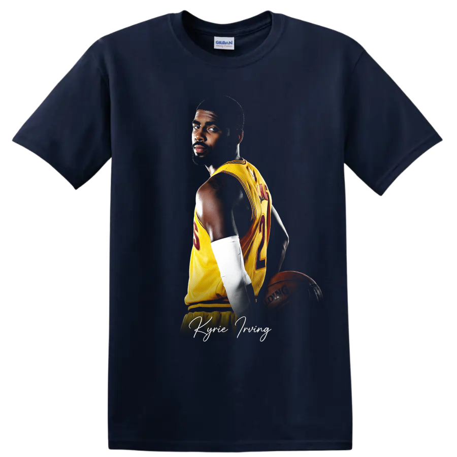Kyrie Irving Cleveland Cavaliers basketball portrait with gold number 2 jersey on a Navy (Blue) T Shirt